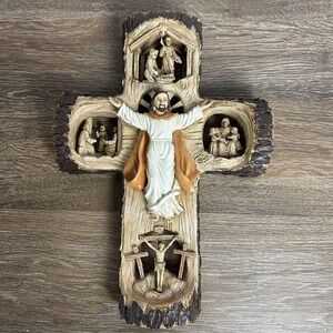 Wooden Cross With Jesus Sculpture Easter Resurrection Religious Christian Gift